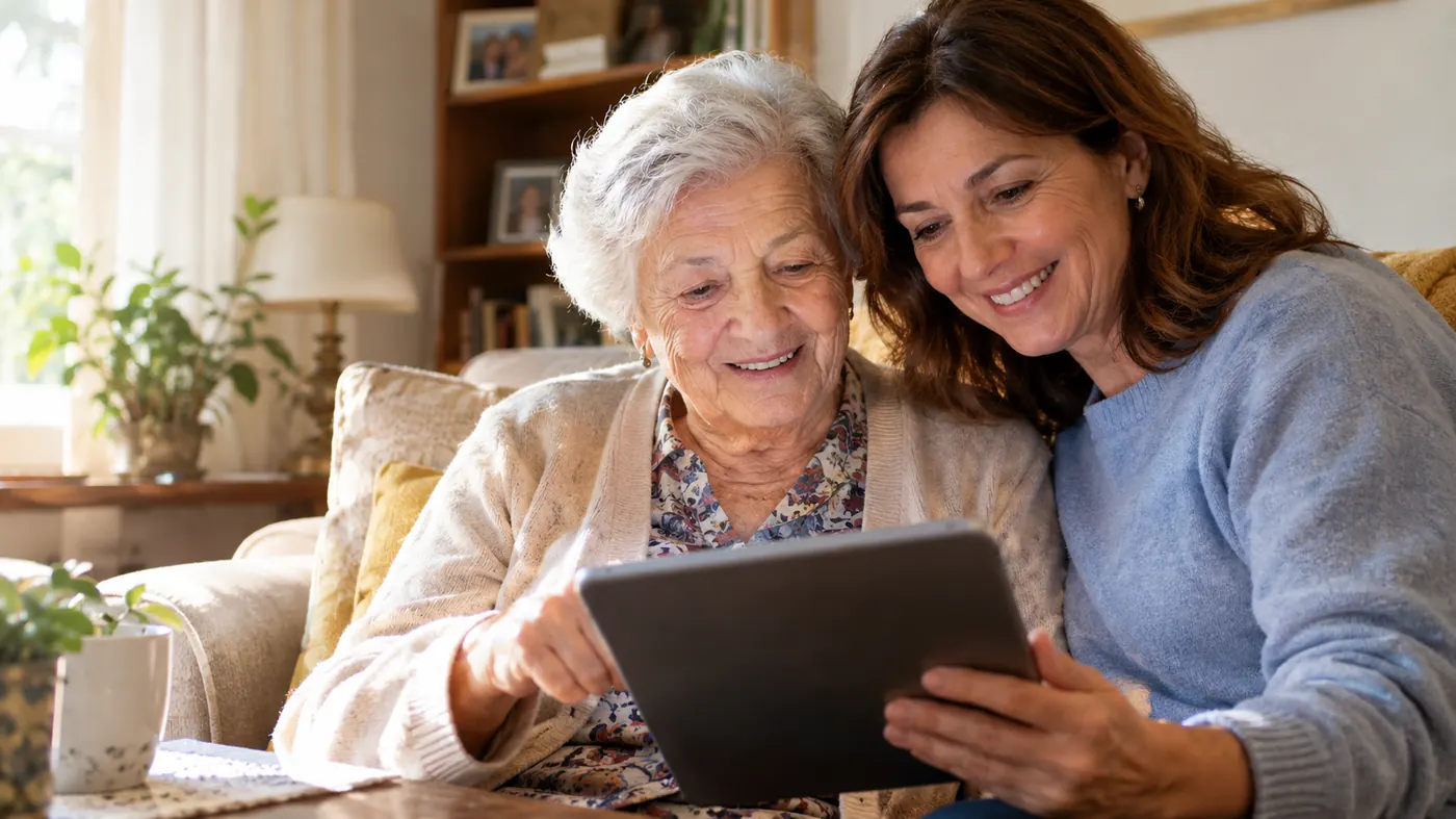 Madre e hija preparan juntas la solicitud de dependencia en una tablet